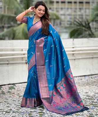Blue woven self design pure silk paithani saree with blouse 3