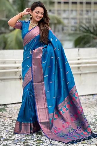 Blue woven self design pure silk paithani saree with blouse