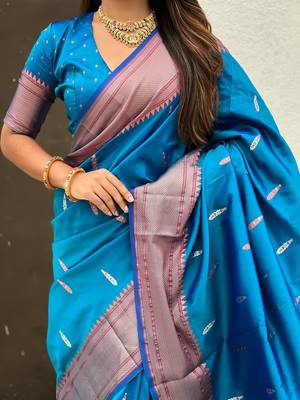 Blue woven self design pure silk paithani saree with blouse 4