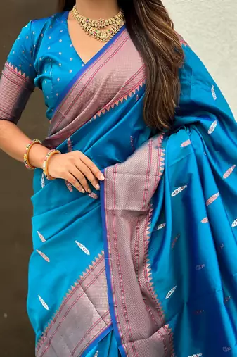 Blue woven self design pure silk paithani saree with blouse
