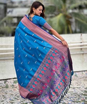 Blue woven self design pure silk paithani saree with blouse 5