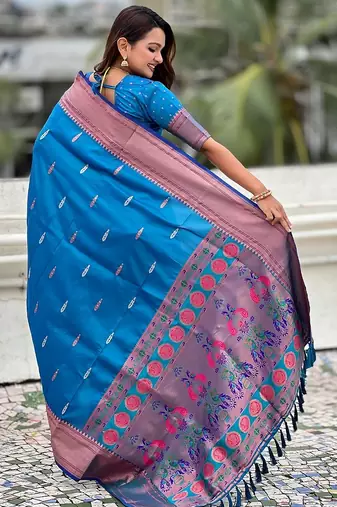Blue woven self design pure silk paithani saree with blouse