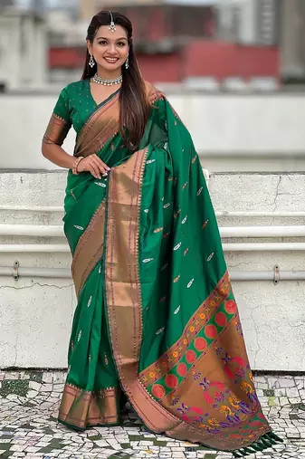 Green woven self design pure silk paithani saree with blouse