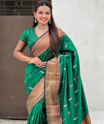 Green woven self design pure silk paithani saree with blouse 2