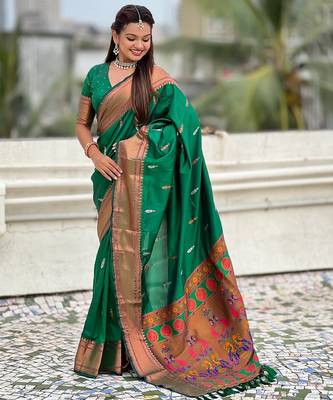 Green woven self design pure silk paithani saree with blouse 3