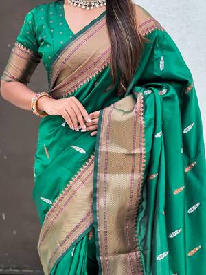 Green woven self design pure silk paithani saree with blouse 4
