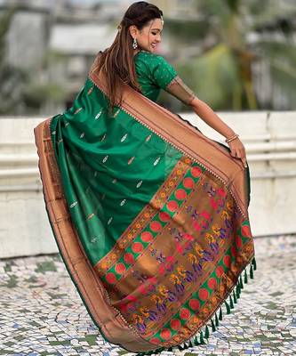 Green woven self design pure silk paithani saree with blouse 5