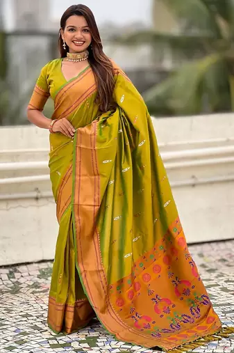 Mehendi woven self design pure silk paithani saree with blouse