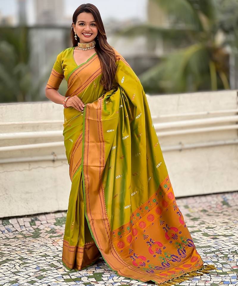 Mehendi woven self design pure silk paithani saree with blouse