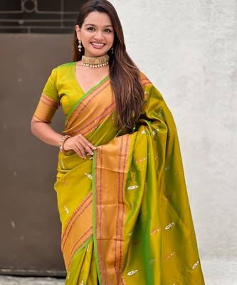 Mehendi woven self design pure silk paithani saree with blouse 2