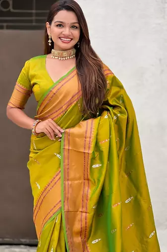 Mehendi woven self design pure silk paithani saree with blouse