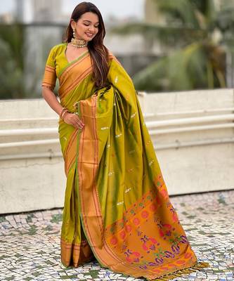 Mehendi woven self design pure silk paithani saree with blouse 3