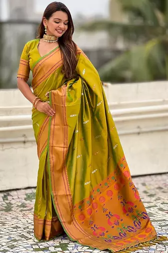 Mehendi woven self design pure silk paithani saree with blouse