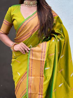 Mehendi woven self design pure silk paithani saree with blouse 4