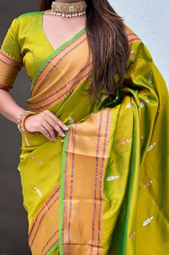 Mehendi woven self design pure silk paithani saree with blouse
