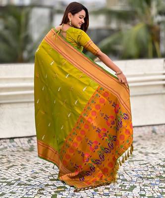 Mehendi woven self design pure silk paithani saree with blouse 5