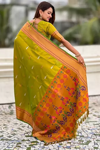 Mehendi woven self design pure silk paithani saree with blouse