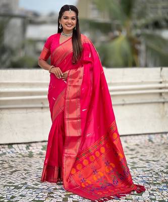 Pink woven self design pure silk paithani saree with blouse 1