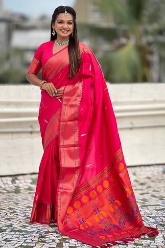 Pink woven self design pure silk paithani saree with blouse