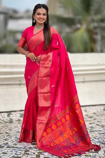 Pink woven self design pure silk paithani saree with blouse