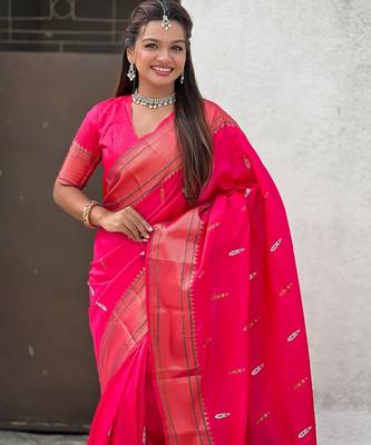Pink woven self design pure silk paithani saree with blouse 2