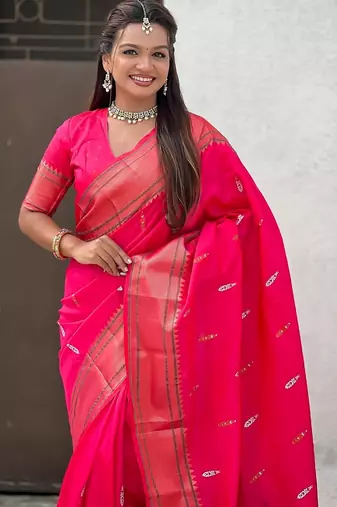 Pink woven self design pure silk paithani saree with blouse
