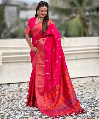 Pink woven self design pure silk paithani saree with blouse 3