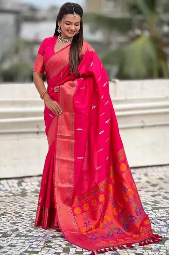 Pink woven self design pure silk paithani saree with blouse