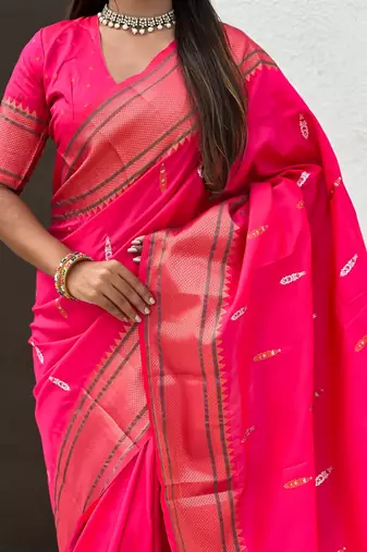 Pink woven self design pure silk paithani saree with blouse