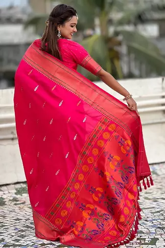Pink woven self design pure silk paithani saree with blouse