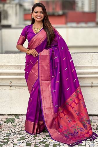 Purple woven self design pure silk paithani saree with blouse