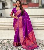 Purple woven self design pure silk paithani saree with blouse