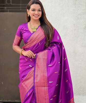 Purple woven self design pure silk paithani saree with blouse 2