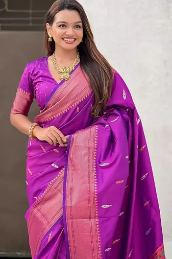 Purple woven self design pure silk paithani saree with blouse