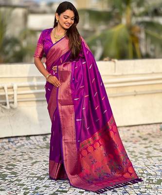 Purple woven self design pure silk paithani saree with blouse 3