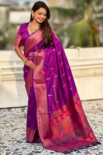 Purple woven self design pure silk paithani saree with blouse