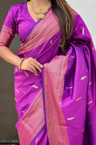 Purple woven self design pure silk paithani saree with blouse