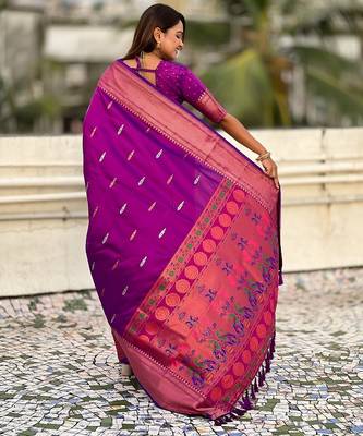 Purple woven self design pure silk paithani saree with blouse 5