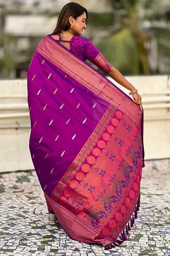 Purple woven self design pure silk paithani saree with blouse
