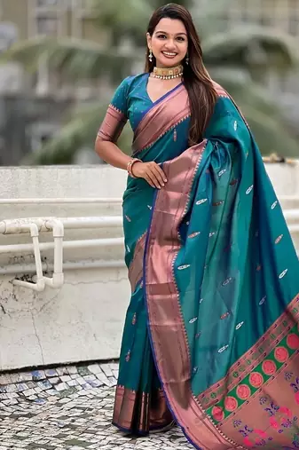 Teal blue woven self design pure silk paithani saree with blouse