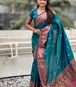 Teal blue woven self design pure silk paithani saree with blouse