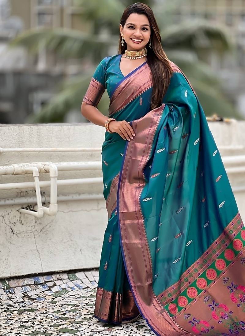 Teal blue woven self design pure silk paithani saree with blouse