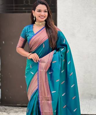 Teal blue woven self design pure silk paithani saree with blouse 2