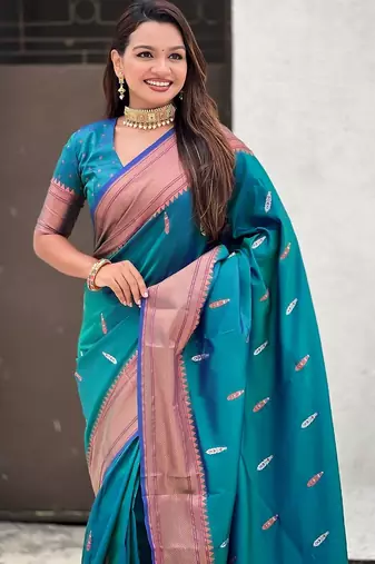Teal blue woven self design pure silk paithani saree with blouse