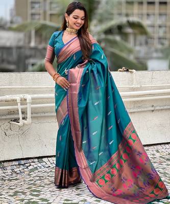 Teal blue woven self design pure silk paithani saree with blouse 3