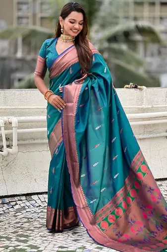 Teal blue woven self design pure silk paithani saree with blouse