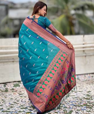 Teal blue woven self design pure silk paithani saree with blouse 5