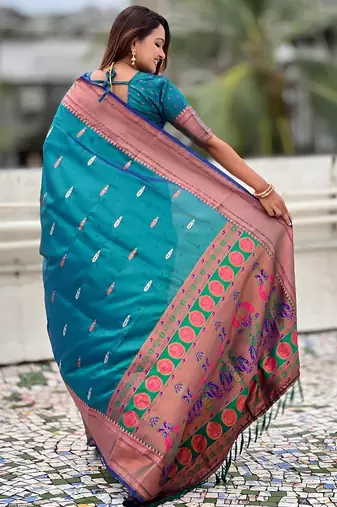 Teal blue woven self design pure silk paithani saree with blouse