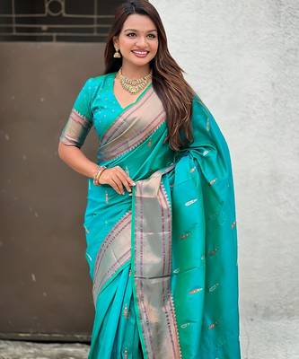 Teal green woven self design pure silk paithani saree with blouse 2