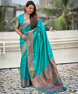 Teal green woven self design pure silk paithani saree with blouse 3